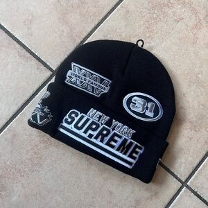 Supreme Black Beanie with White and Gray Patches